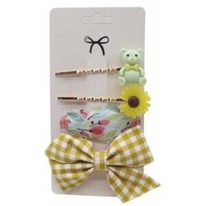 Hair pins fashion bear flower ribbon hair pin 4PC set  Yellow